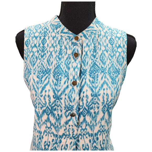 Cynthia Rowley Dress Women 2 Blue Linen Sleeveless Geometric Print Lined Pockets - Picture 4 of 15